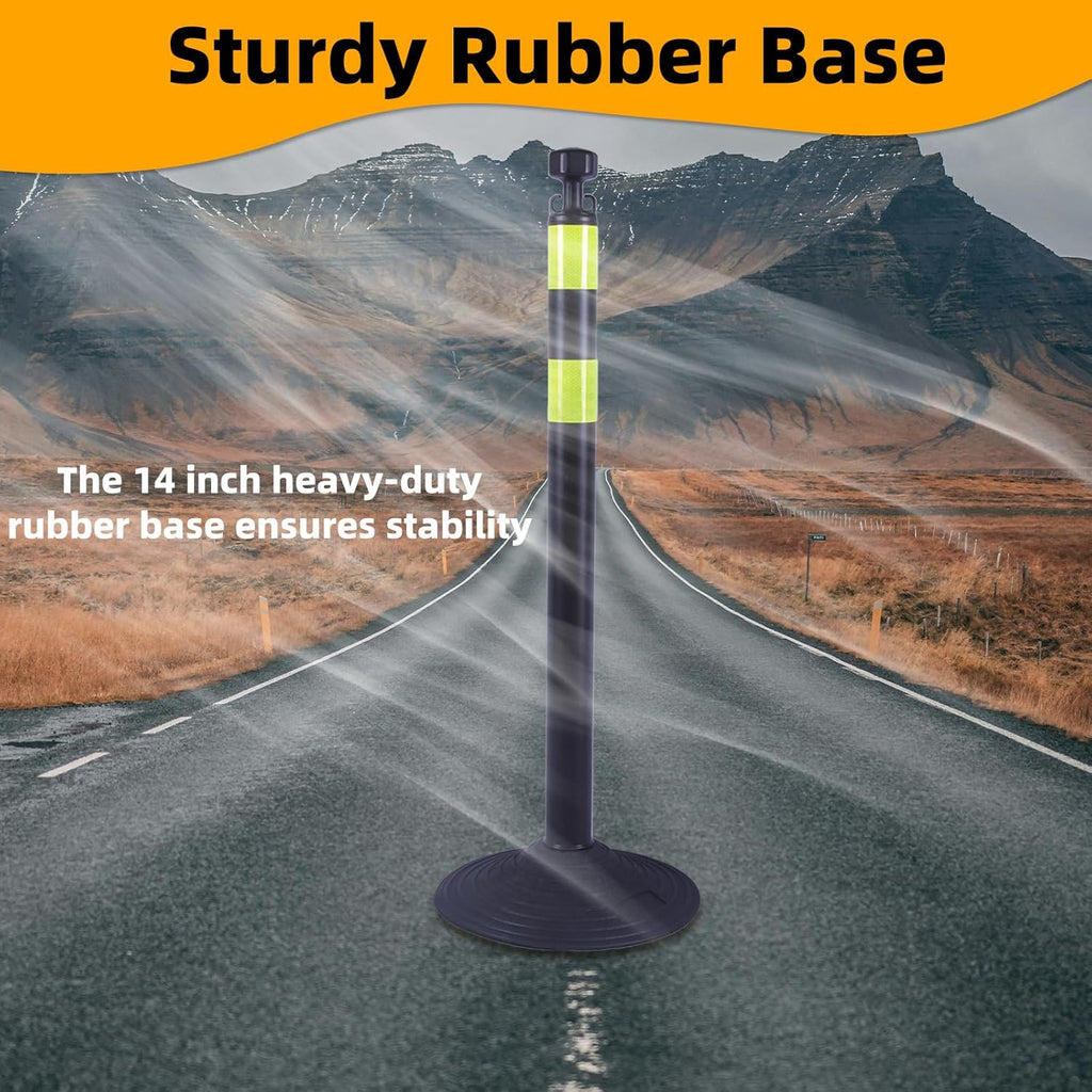 6 Pack 39 Inch Black Traffic Delineator Posts with 2 Green Reflective Stripes, Safety Posts Cones with 6.6 Feet Chains and 14 Inch Rubber Base for Road Safety,Parking Lot (Black)