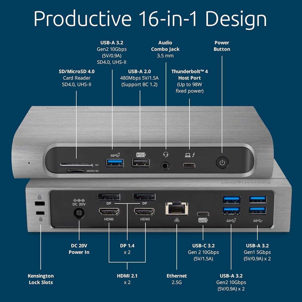 Kensington SD5800T Thunderbolt 4 and USB4 Quad 4K Display Docking Station, 100W Charging, 2 x HDMI, 2 x DP, 2.5G Ethernet, Card Readers, for Windows/MacOS (K32856NA)