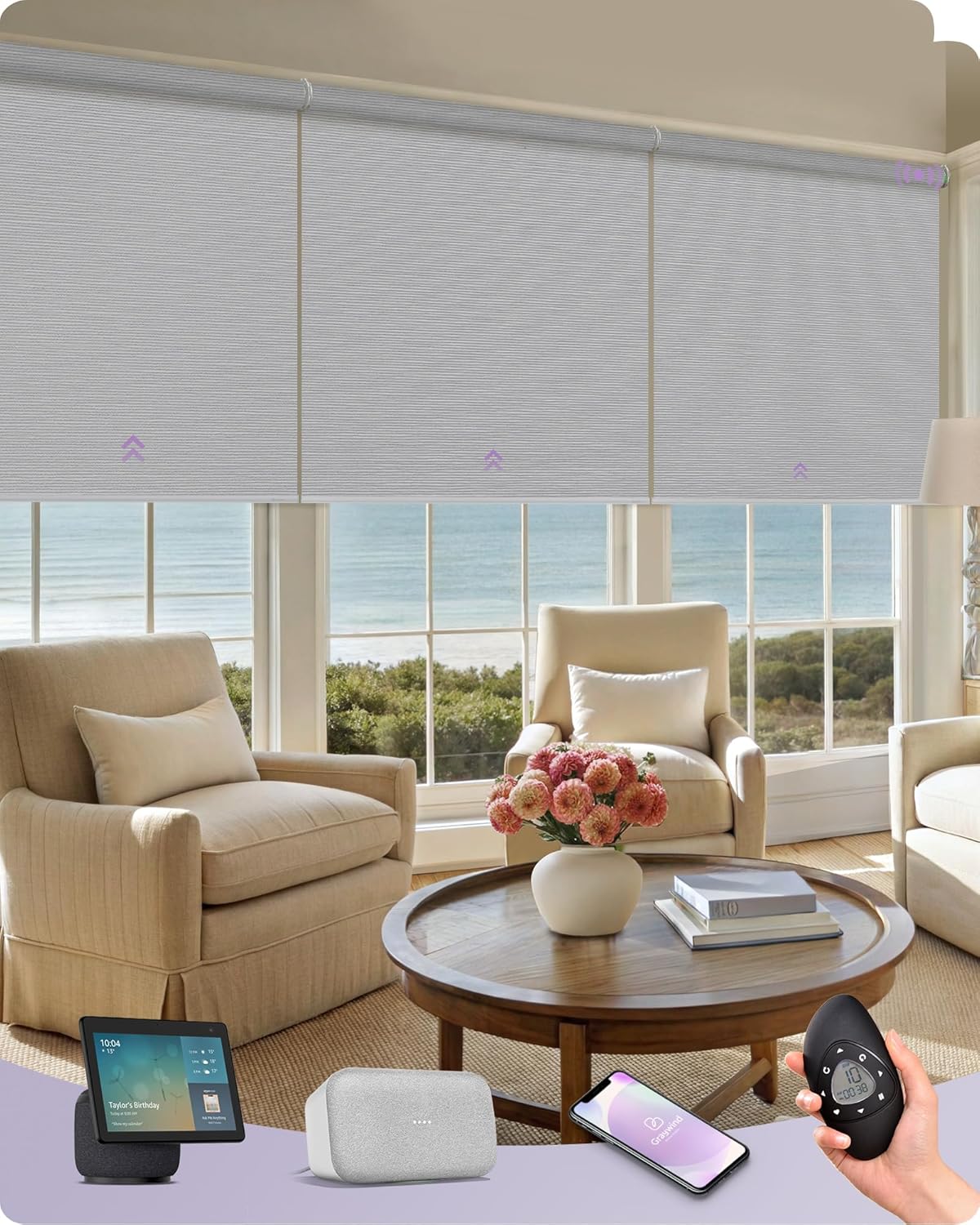 Graywind Smart Coupled Roller Shades Compatible with Alexa Google Custom Size Extra Large Motorized Blinds for Windows(Striped Light Grey)