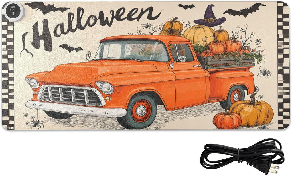 Heated Desk Pad Mouse Pad 31.5x13 Inch PU Leather Desk Mat with 3 Heat Levels Large Mouse Gaming Computer Laptop Mat Halloween Plaid Pumpkin Bat