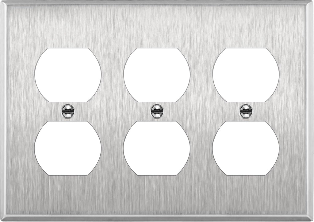 ENERLITES Duplex Receptacle Metal Wall Plate, Stainless Steel Switch Outlet Cover, Corrosion Resistant, Size 3-Gang 4.50" x 6.38", UL Listed, 7723, 430 Stainless Steel, Silver