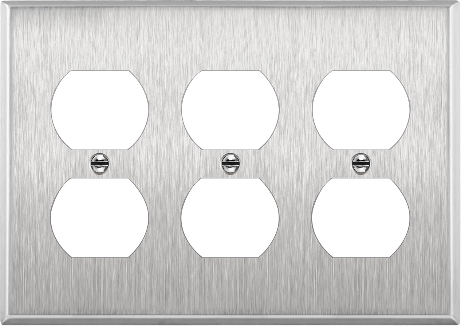 ENERLITES Duplex Receptacle Metal Wall Plate, Stainless Steel Switch Outlet Cover, Corrosion Resistant, Size 3-Gang 4.50" x 6.38", UL Listed, 7723, 430 Stainless Steel, Silver