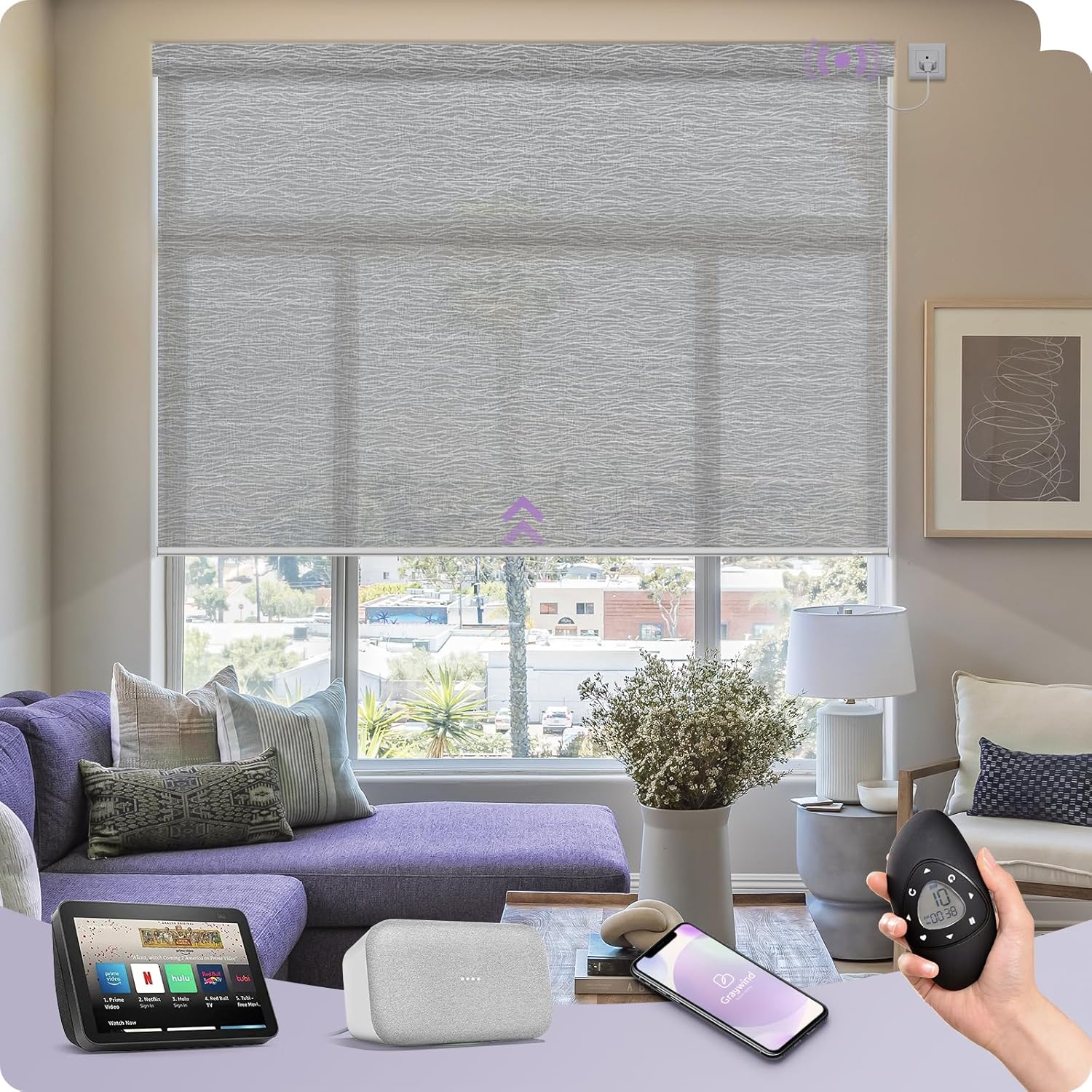 Graywind Motorized Light Filtering Shades Compatible with Alexa Google Hardwired WiFi Smart Half Shading Remote Control Automated Blinds Electric Window Shades, Custom Size (Mixwave Grey)