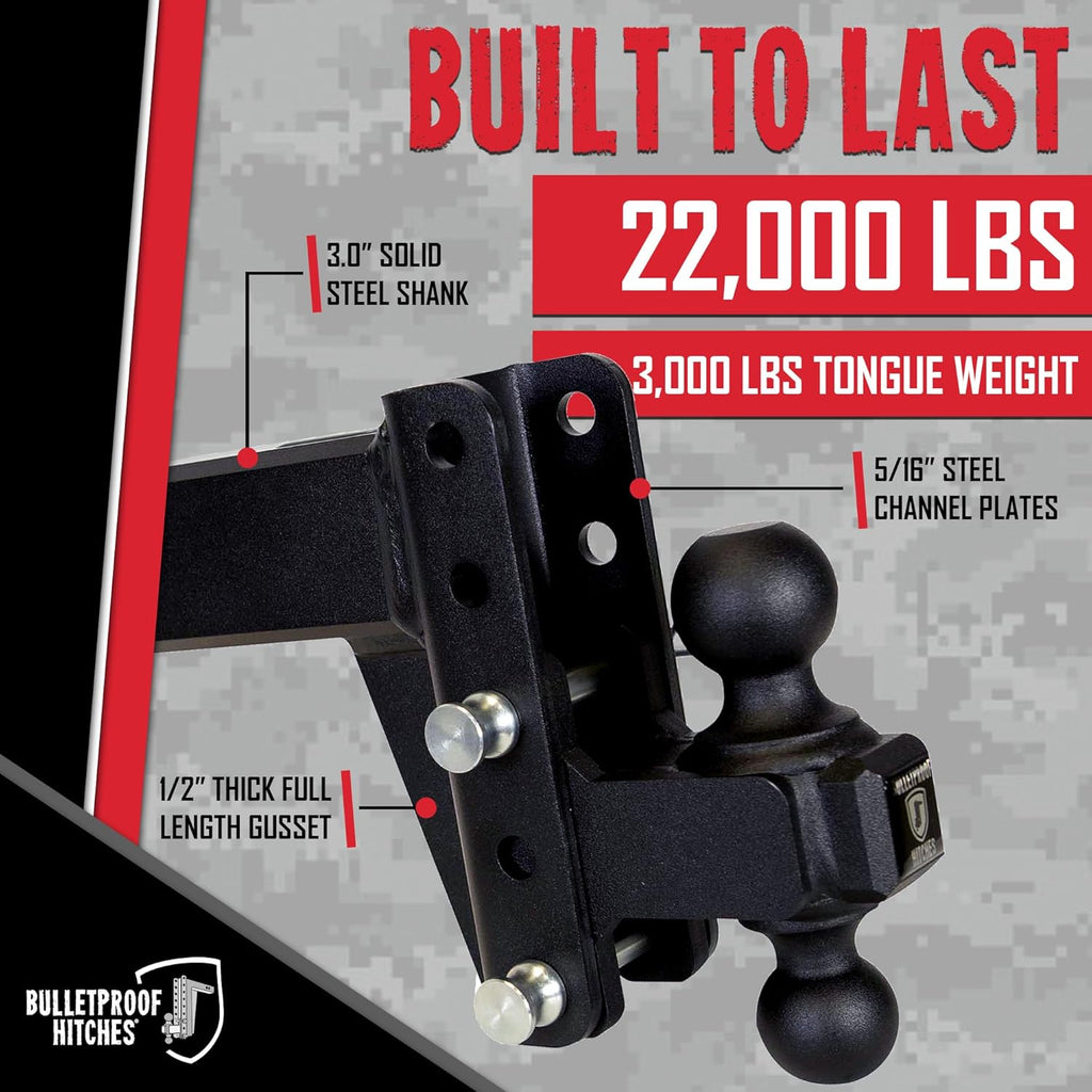 BulletProof Hitches - 3.0" Adjustable Heavy Duty Trailer Hitch (22,000 lb. Rating) - 4" Drop/Rise Trailer Hitch with 2" & 2-5/16" Dual Ball - Powder Coat, Solid Steel, Corrosion-Resistant