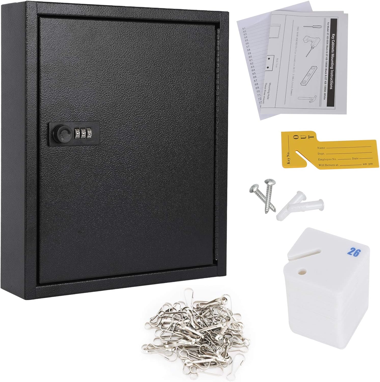 KYODOLED Locking Key Cabinet, 60 Key Storage Lock Box with Code, Key Box Wall Mount with Combination Lock, Key Hooks & Tags Key Labels(Black,60 Key)