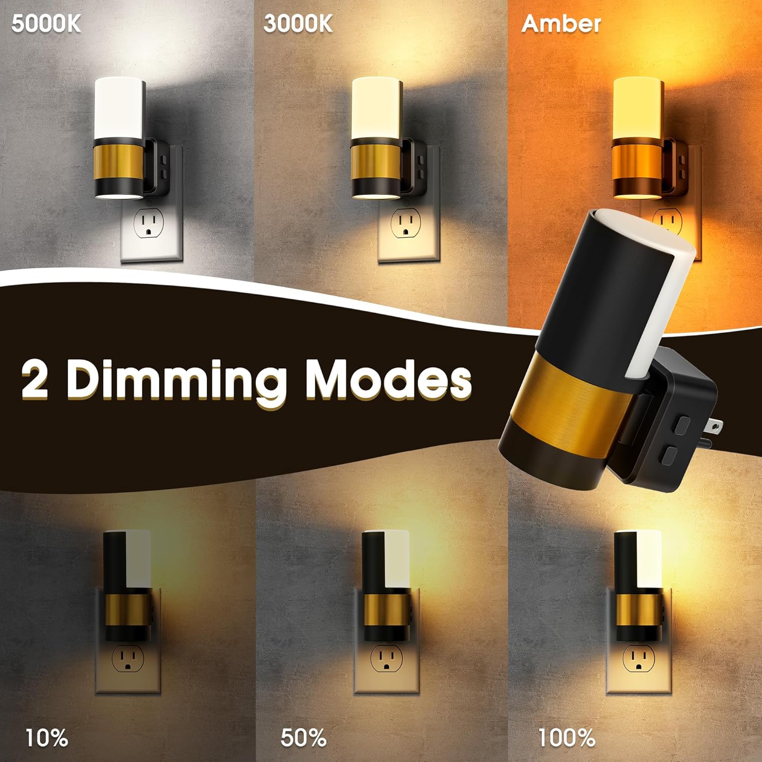Briignite Night Lights Plug into Wall, 2 Pack Dimmable 3CCT Night Light for Kids, Amber/3000K/5000K Adjustable NightLights Plug in, 360° Rotation, Dusk to Dawn Sensor, Nightlight for Bedroom Hallway