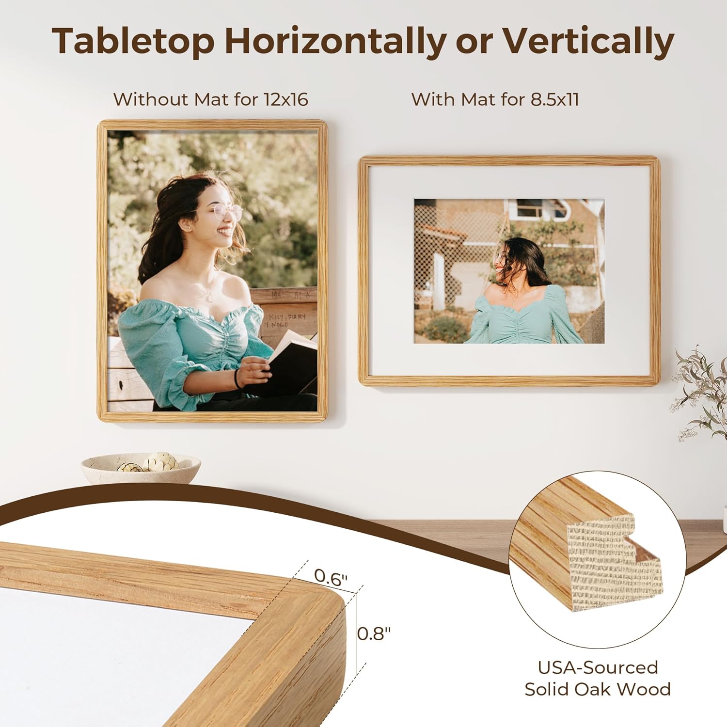 Solid Oak Wood 12x16 Picture Frame, Farmhouse 12 x 16 Wooden Frames, 12x16 Frame Matted to 8.5x11, Tempered Real Glass, 12"x16" Frames Minimalist Art Frame for Home Deocr, Natural Oak Color, 1 Pack