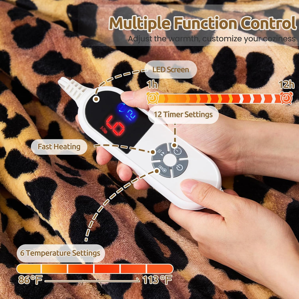 Electric Blanket Twin Size - Reversible Sherpa & Flannel, 62"× 84" Heated Throw Blanket with 6 Heat Settings & 1-12H Timer, Machine Washable, Warm Gift for Women, Leopard