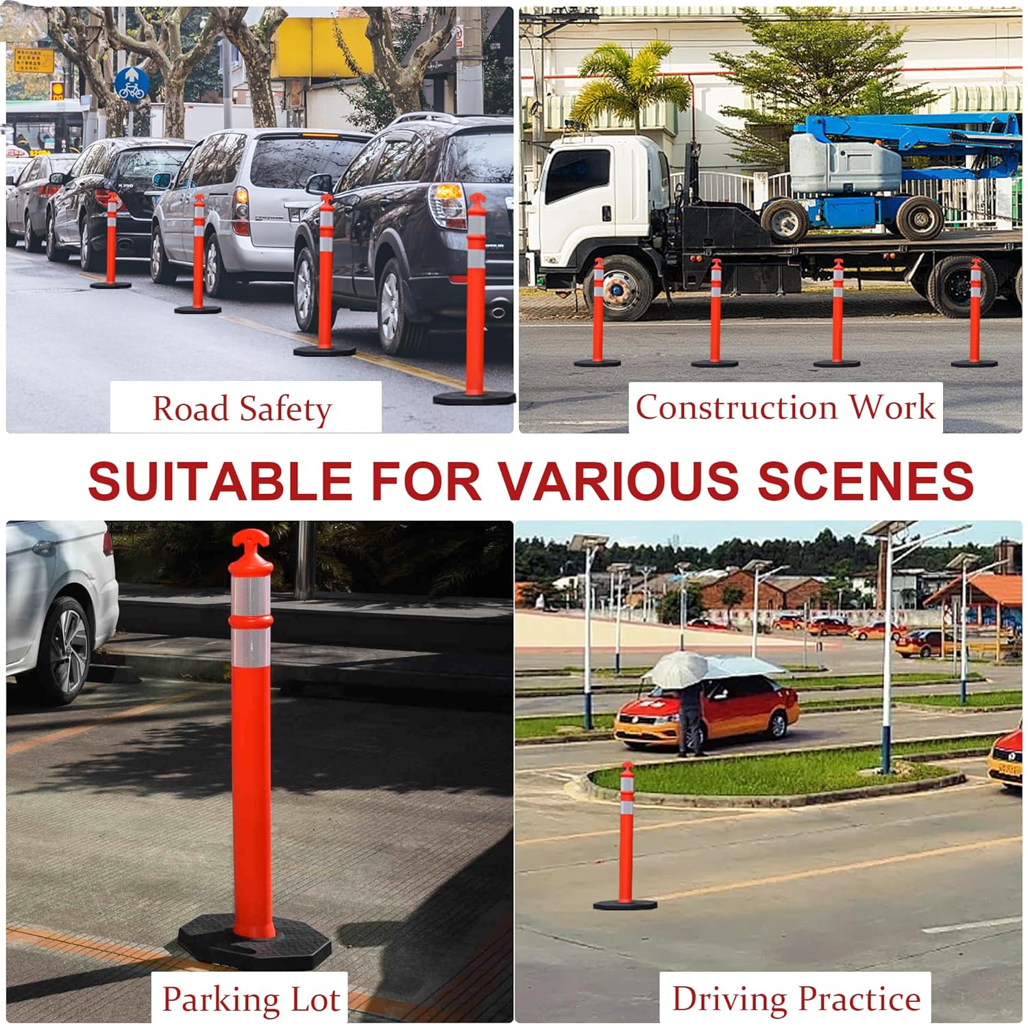 OrangeStar 3 Packs 45" Traffic Delineator Post with Base, Orange Delineator Post Cones w/Reflective Collar for Driving Practice, Construction Work, Parking Lot