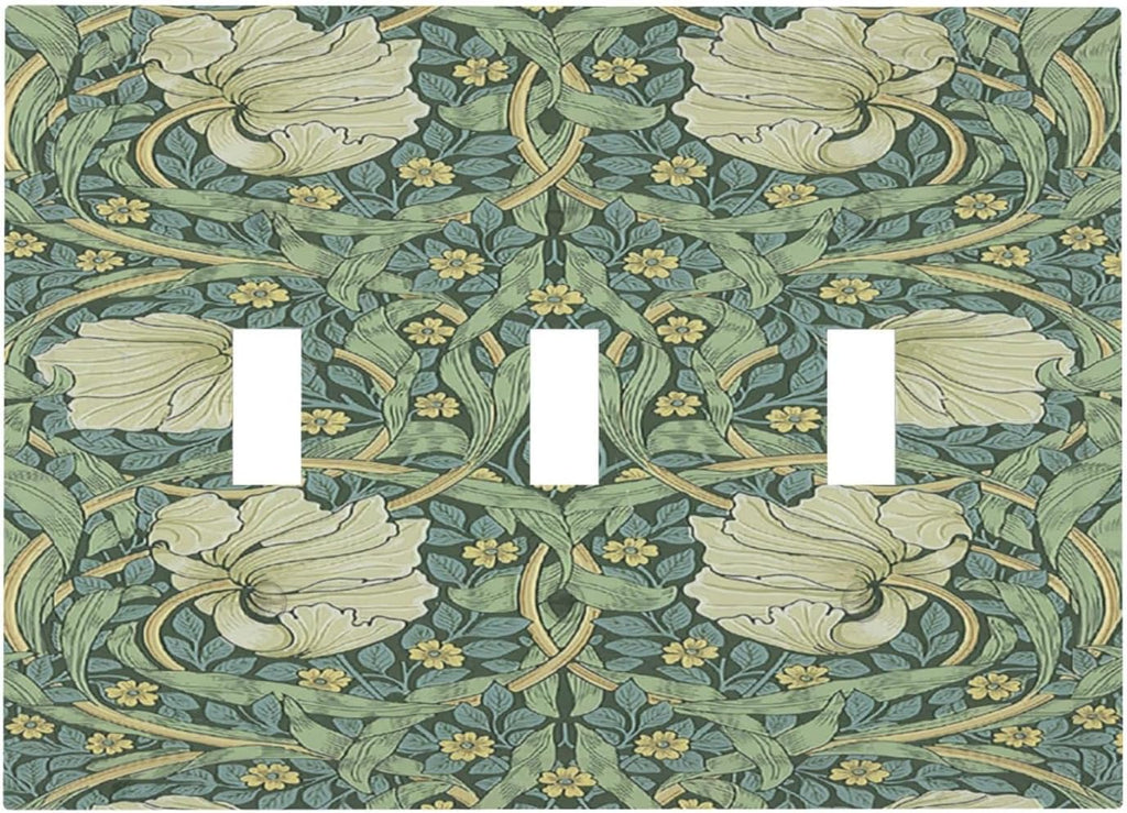 Decorative Switch Plates Vintage Floral Plant Sage Green William Morris 3 Gang Wall Plate Faceplate Triple Toggle Light Switch Cover Electrical Wall Panels for Bedroom Home Decor
