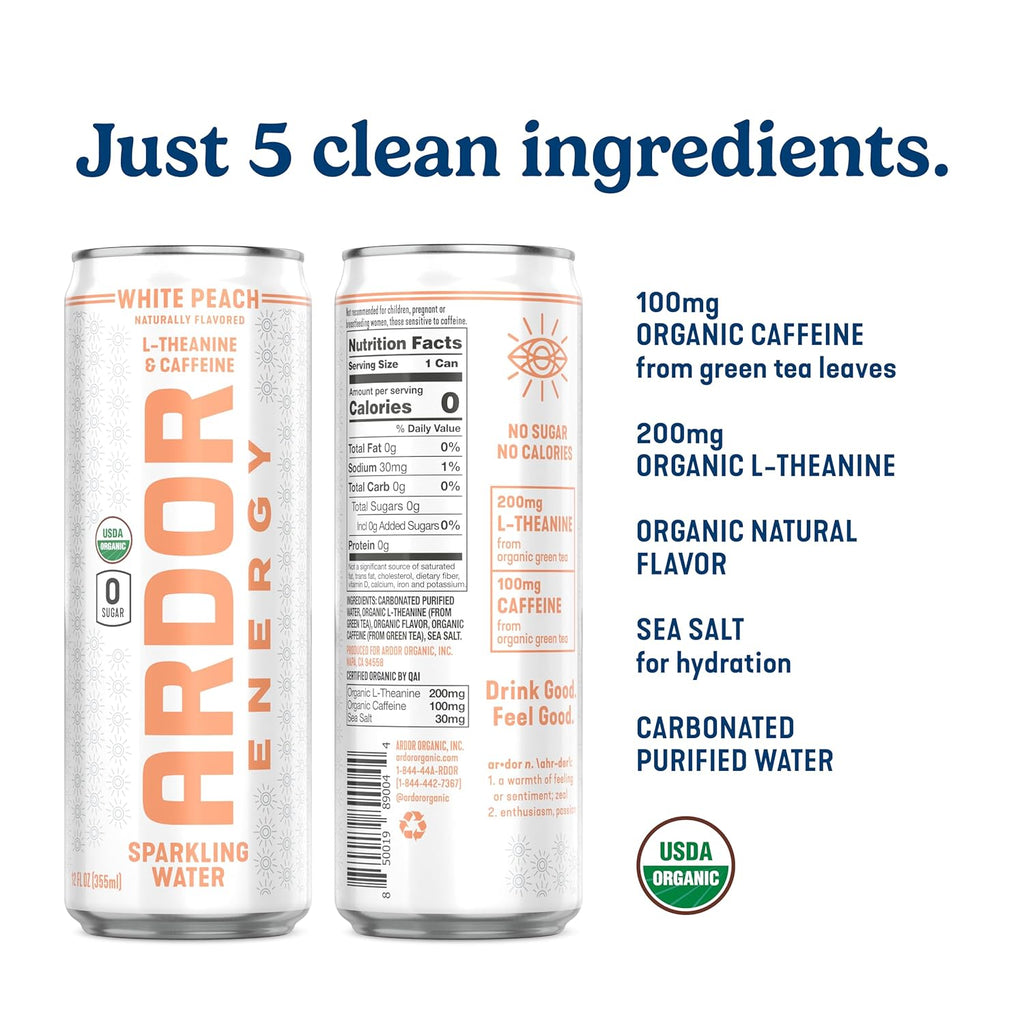 ARDOR ENERGY Sparkling Water with 100mg Natural Caffeine & 200mg L-Theanine from Organic Green Tea for Smooth Energy & Focus | Healthy Energy Drink | No Sugar, Zero Calories, Vegan, Gluten-Free | White Peach (Pack of 12, 12oz cans)