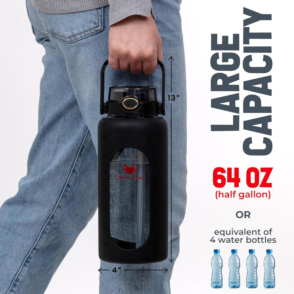 64 oz Glass Water Bottle – Black | Large Leakproof Shatter-Resistant Borosilicate Bottle with Straw, Silicone Sleeve, Time Marker – Half Gallon for Travel, Gym, Daily Intake