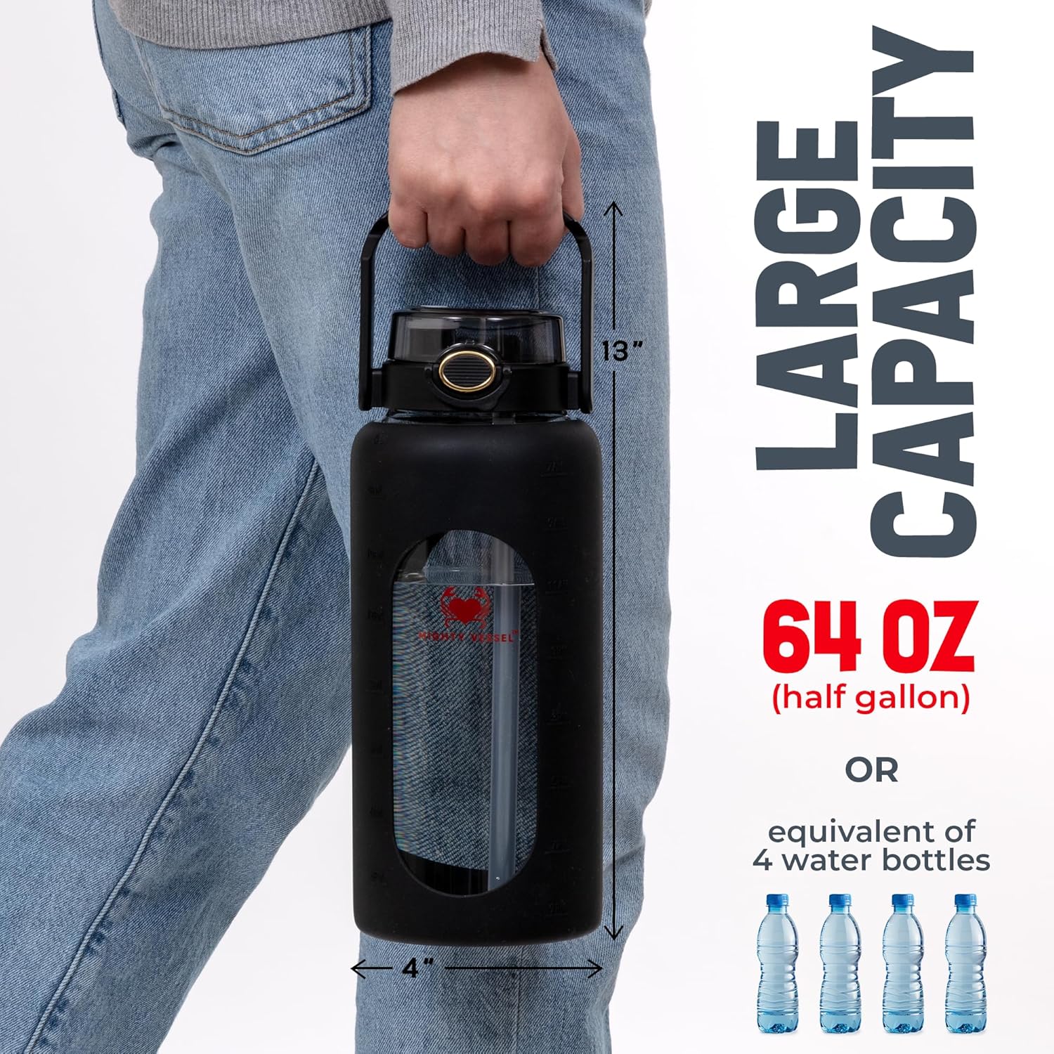 64 oz Glass Water Bottle – Black | Large Leakproof Shatter-Resistant Borosilicate Bottle with Straw, Silicone Sleeve, Time Marker – Half Gallon for Travel, Gym, Daily Intake