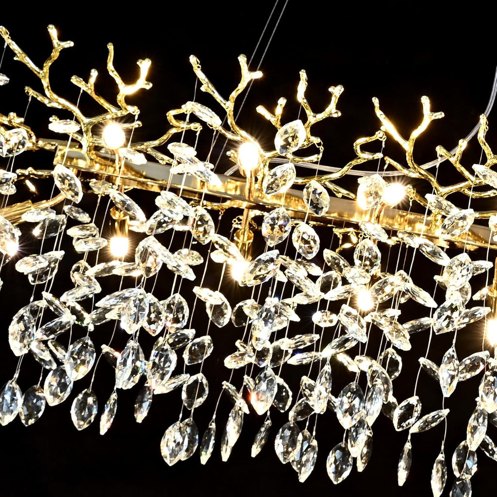 Gold Crystal Chandelier Modern High Ceiling Tree Branch Chandeliers Lighting Luxury Foyer Entryway Staircase Living Room Large Raindrop Large Hanging Pendant Light Fixture
