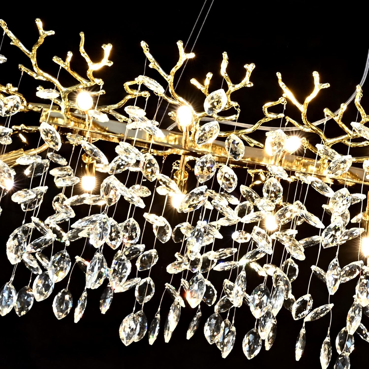 Gold Crystal Chandelier Modern High Ceiling Tree Branch Chandeliers Lighting Luxury Foyer Entryway Staircase Living Room Large Raindrop Large Hanging Pendant Light Fixture