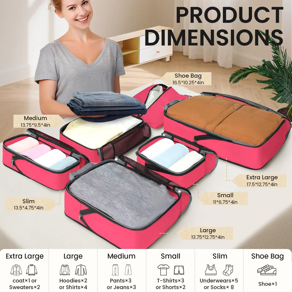 BAGAIL 4 Set/6 Set/8 Set Compression Packing Cubes Travel Accessories Expandable Packing Organizers (Half Mesh, 6-Fuchsia)
