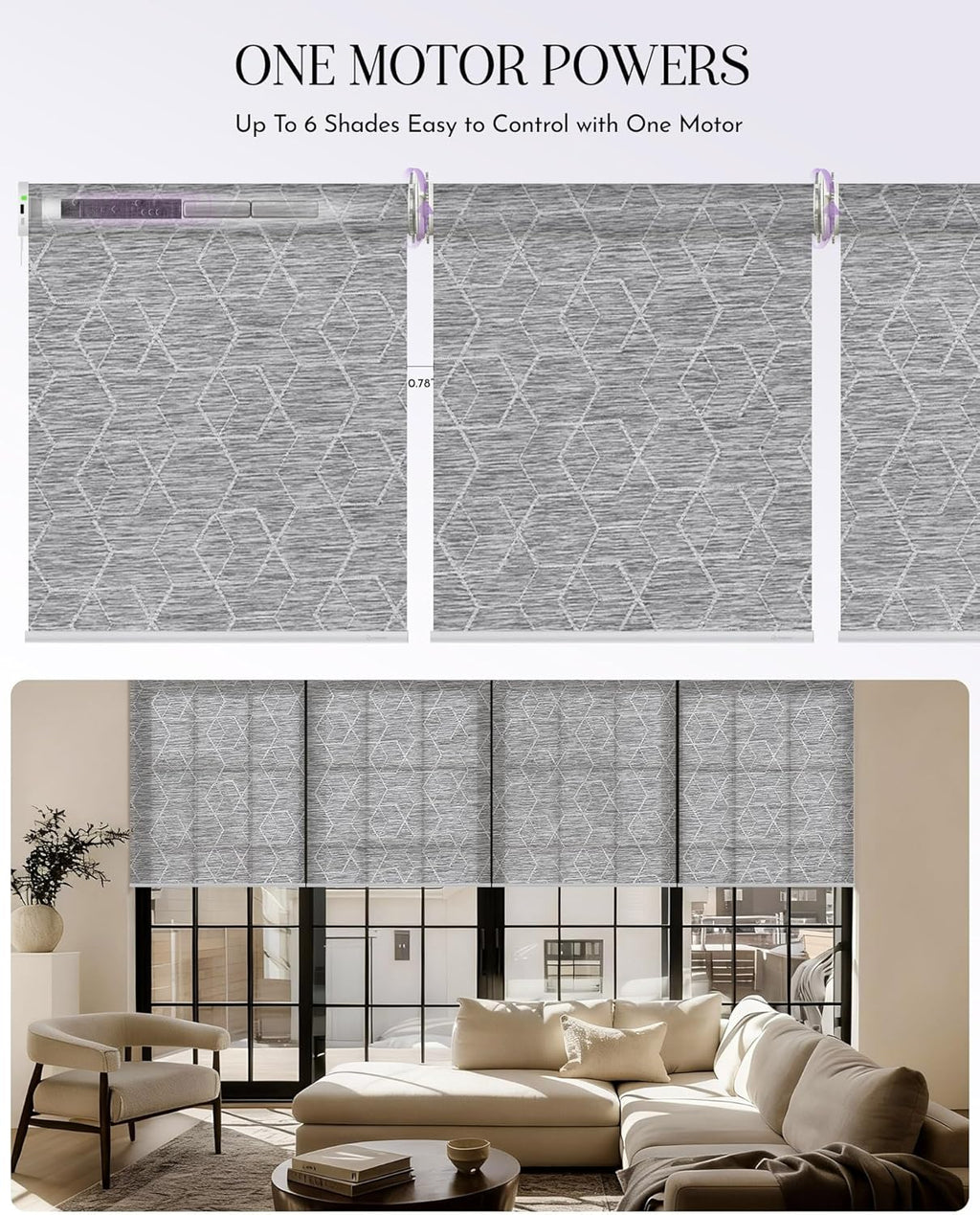 Graywind Smart Coupled Roller Shades Compatible with Alexa Google Custom Size Extra Large Motorized Blinds for Windows(1% Openess Geometry Grey)