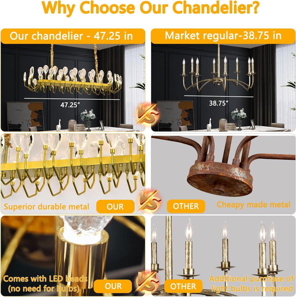 44 Light Gold Chandelier 47.25'' Large Crystal Chandeliers for High Ceiling Dining Room Modern Classic Chandelier Light Fixture for Large Living Room Foyer Stairs Entry Restaurant Hotel
