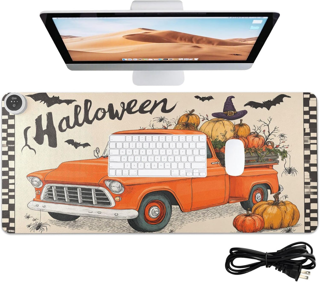Heated Desk Pad Mouse Pad 31.5x13 Inch PU Leather Desk Mat with 3 Heat Levels Large Mouse Gaming Computer Laptop Mat Halloween Plaid Pumpkin Bat