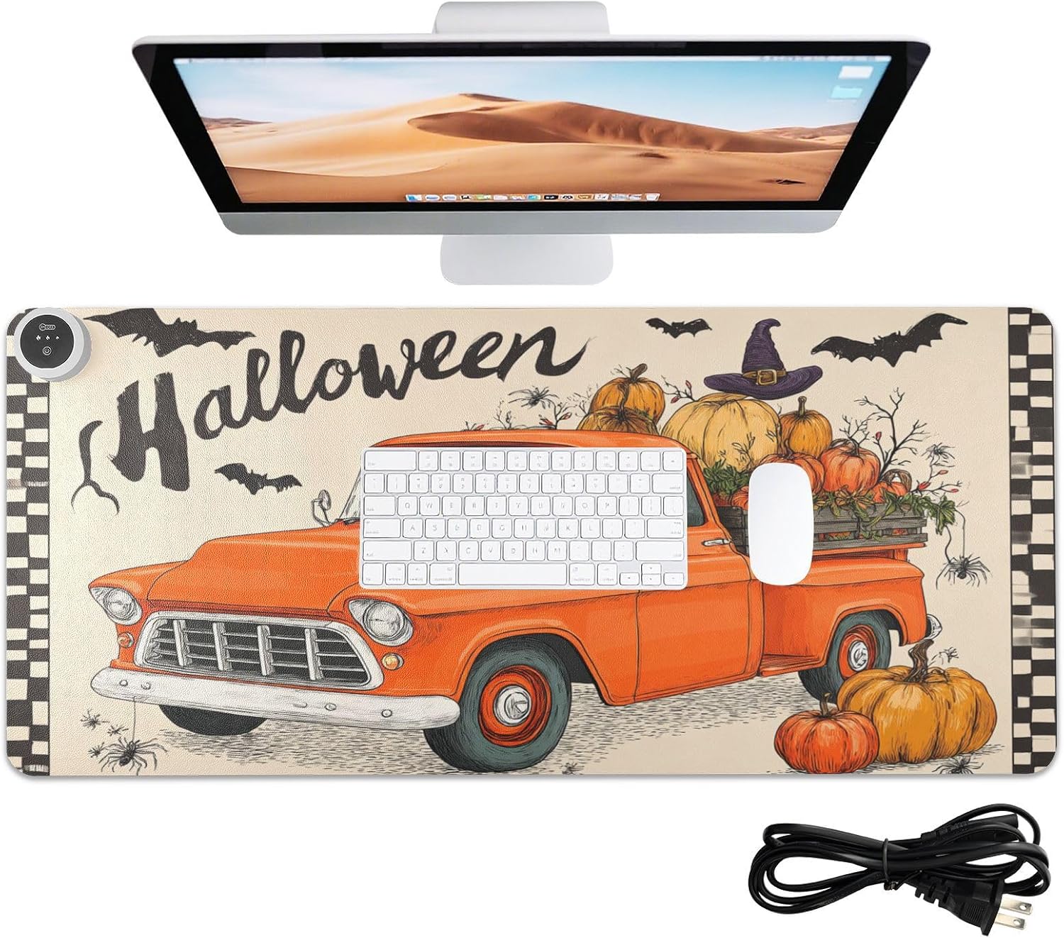 Heated Desk Pad Mouse Pad 31.5x13 Inch PU Leather Desk Mat with 3 Heat Levels Large Mouse Gaming Computer Laptop Mat Halloween Plaid Pumpkin Bat