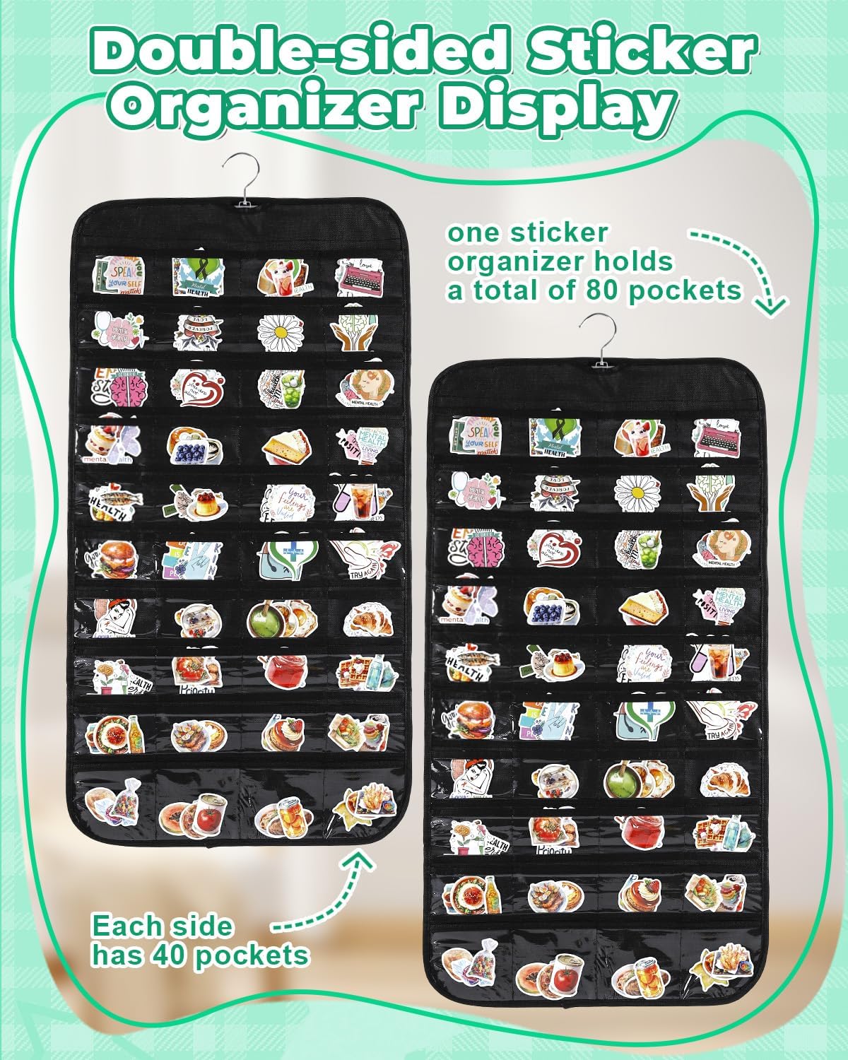 UCEC 2PCS Hanging Sticker Organizer Display Stand Double Sided 80 Pocket Hanging Sticker Chart with Clear Pockets, Wall Sticker Holder for Vendors, Jewelry Organizers and Storage (Black)