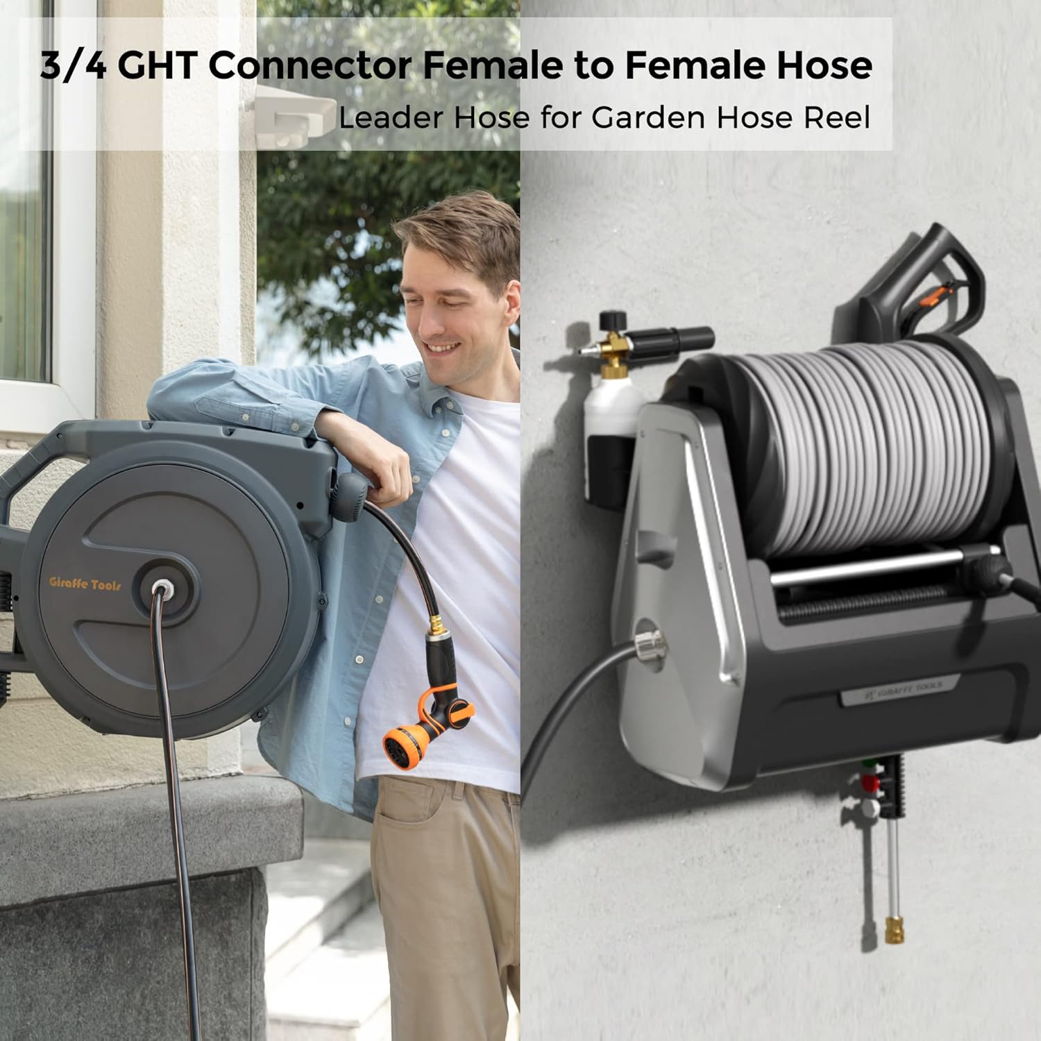 Giraffe Tools Leader Hose 8ft x 5/8", Custom Length, Heavy Duty, No Kink, Flexible, Rubber Garden Hose, Leakproof Water Hose with Female to Female Fittings, 600 Burst PSI