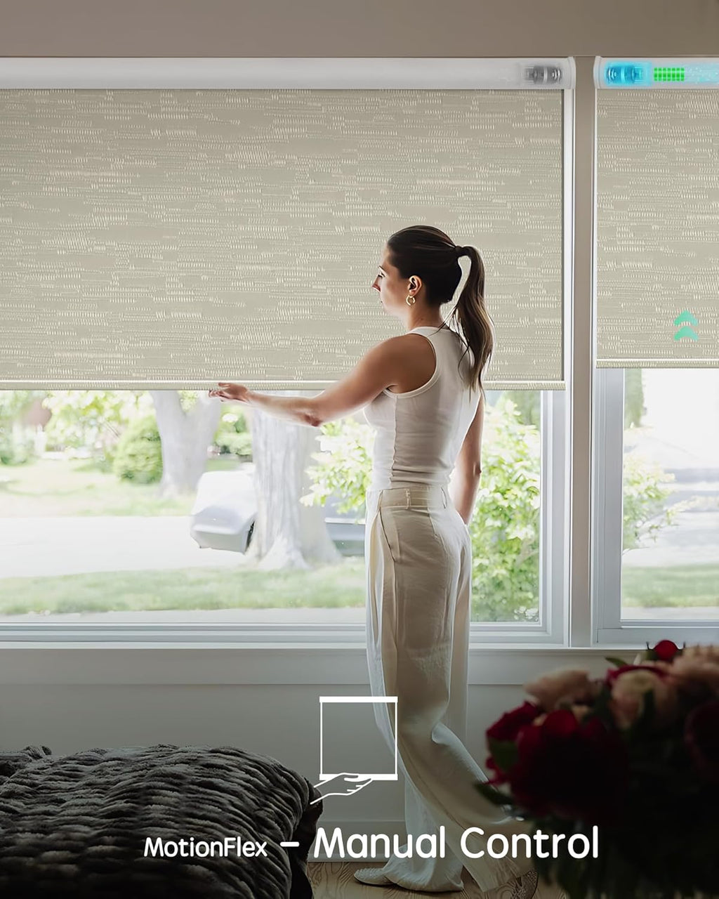 Yoolax Motorized Shades Dual Control, MotionFlex Motorized Roller Shades with App & Manual Control, Pull Down Automatic Shades for Indoor Windows, Custom Size(Blackout Jacquard Coffee)