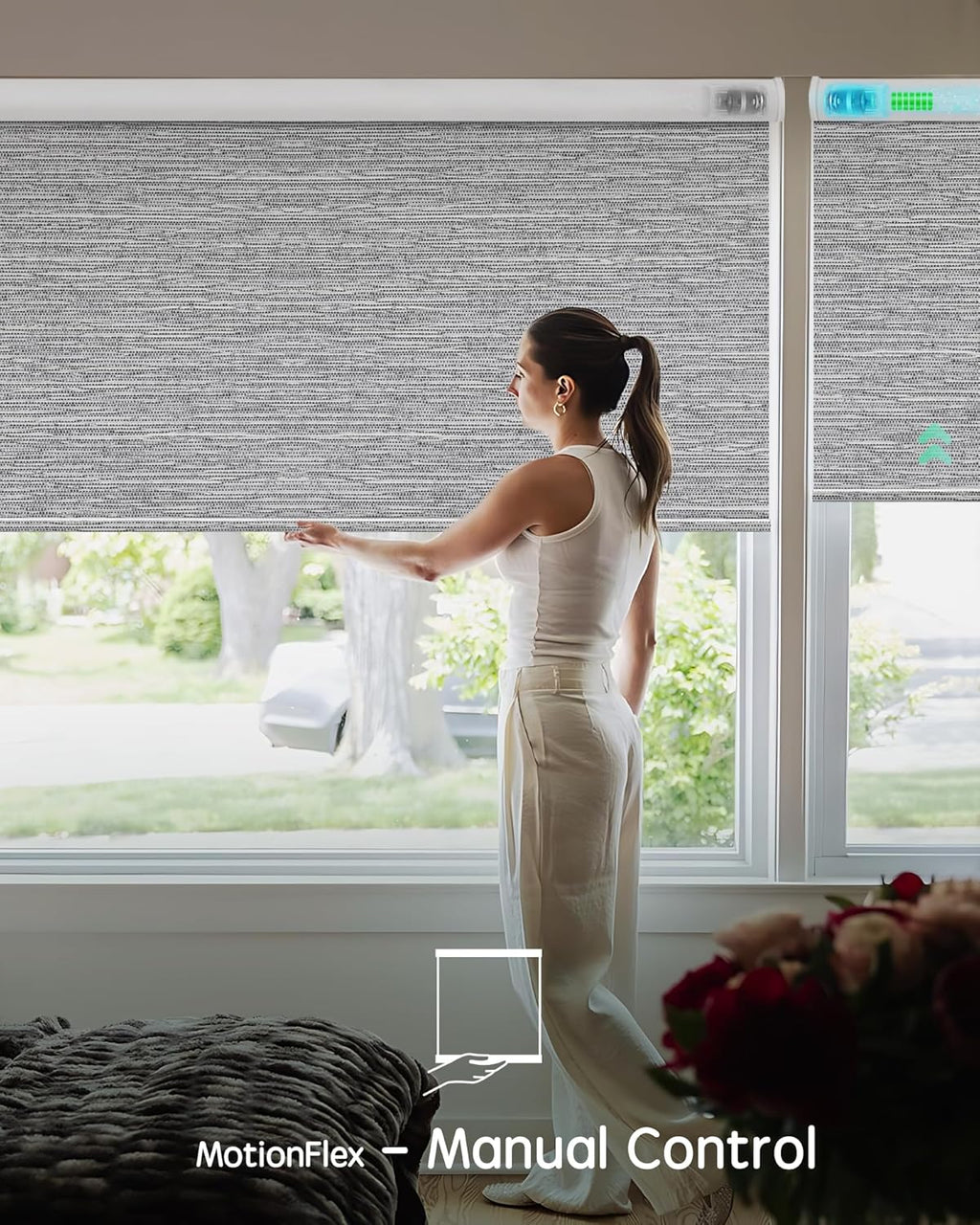 Yoolax Motorized Shades Dual Control, MotionFlex Motorized Roller Shades with App & Manual Control, Pull Down Automatic Shades for Indoor Windows, Custom Size(Blackout Foggy Gray)