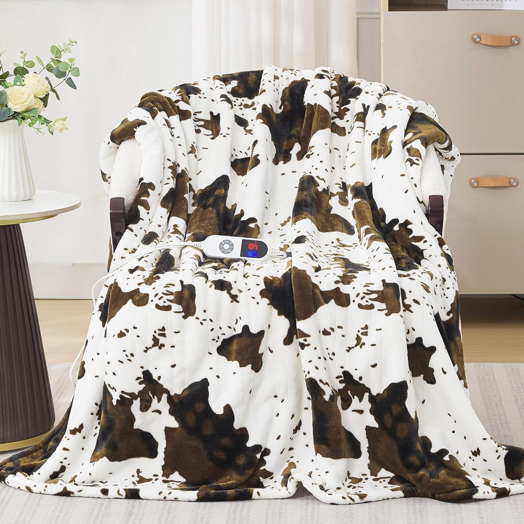 Brown Cow Print Heated Throw Blanket, Electric Blanket with 6 Heat Settings & 1-12H Timer, Cozy Soft Flannel Sherpa, Machine Washable, Warm Gift for Women, 50"x60"