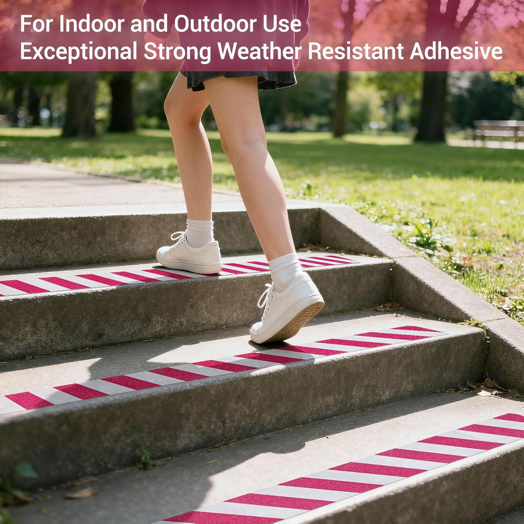 Anti Slip Tape, 4 Inch x 42 Ft Grip Tape for Stairs Outdoor/Indoor, Waterproof Non Skid Roll for Stair Treads Non Slip, High Traction Friction Abrasive Adhesive Stair Steps, Caution Red/White