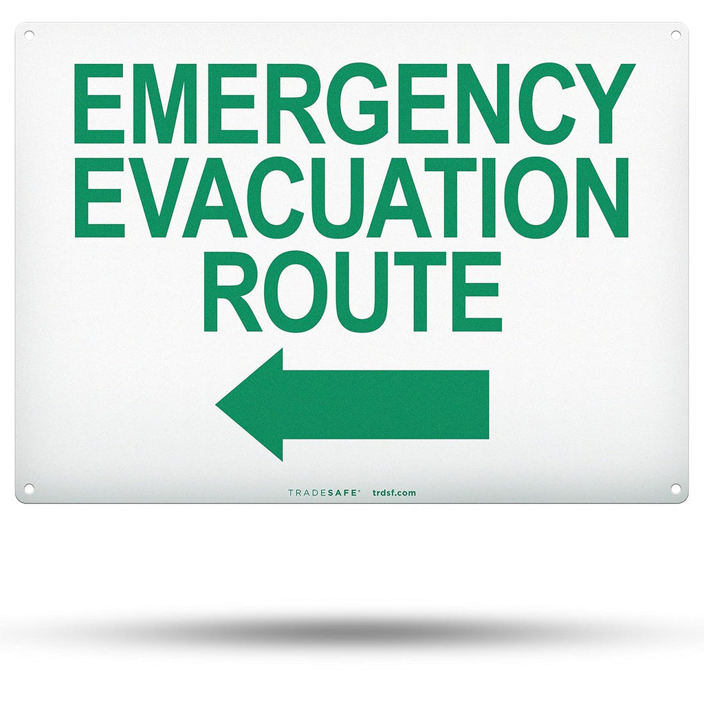 TRADESAFE Emergency Evacuation Route Sign - Evacuation Plan With Arrow Left, Quick Install Aluminum Safety Sign, Light Reflective, UV-Resistant, Waterproof, 14” X 10” Signs for Business