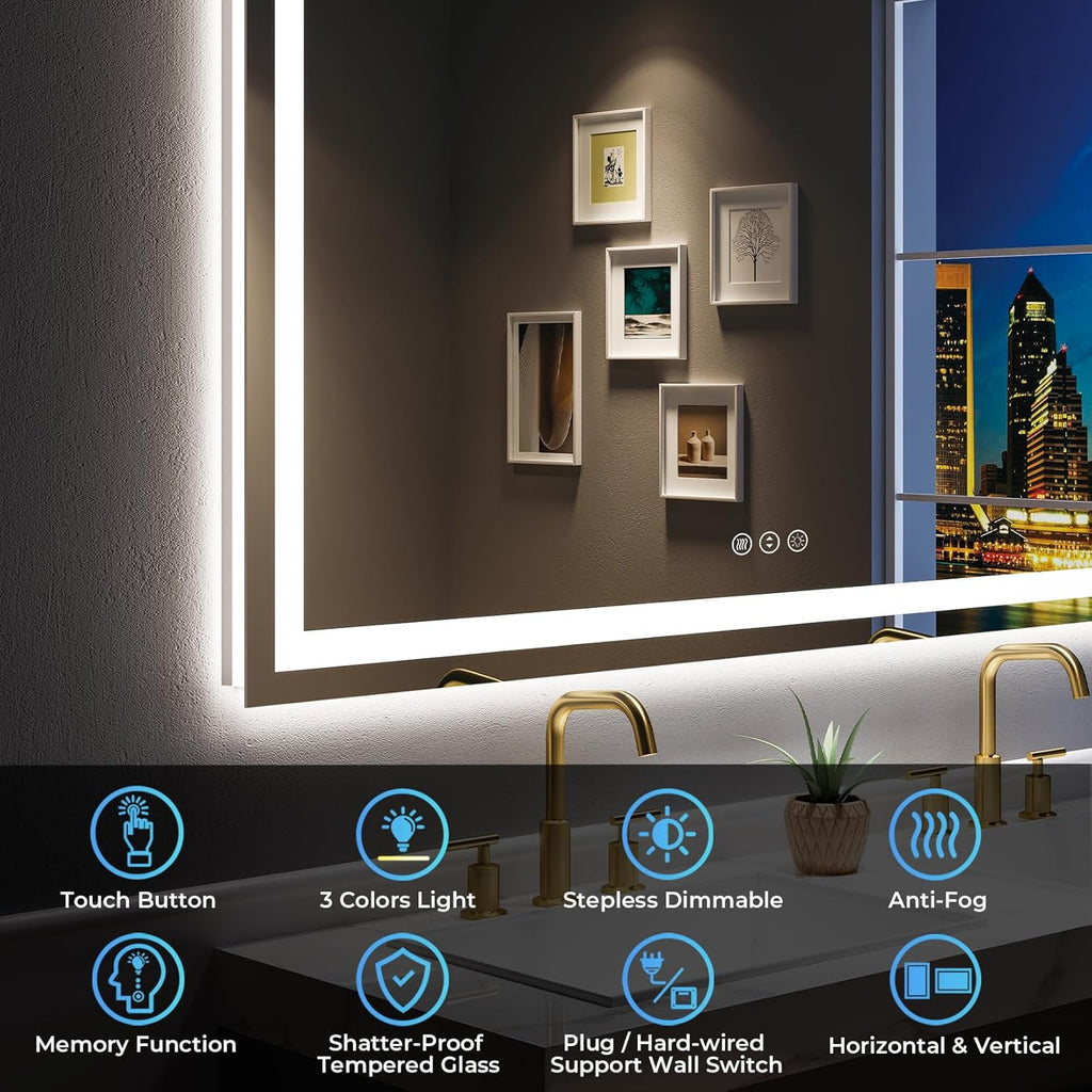 55x30 Inch LED Bathroom Mirror with Lights Front and Backlit Lighted Vanity Mirror for Bathroom Wall with 3 Colors Dimmable Anti-Fog Memory Shatter-Proof IP54 Waterproof Horizontal/Vertical