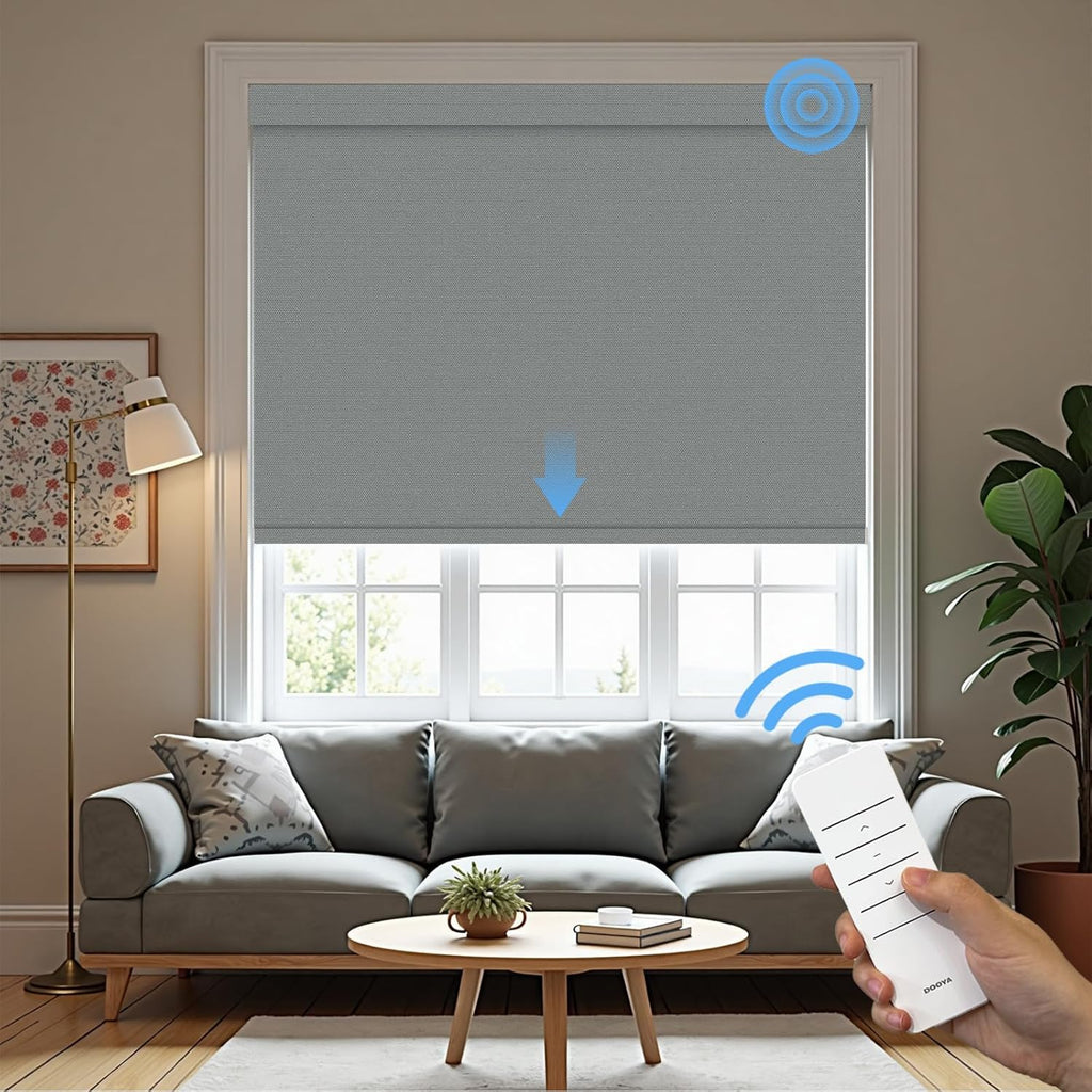 Motorized Roller Blinds with Remote, 100% Blackout Automatic Roller Shades for Bedroom, Bathroom, and Living Room, Customized Size, Moonlit Fog Gray