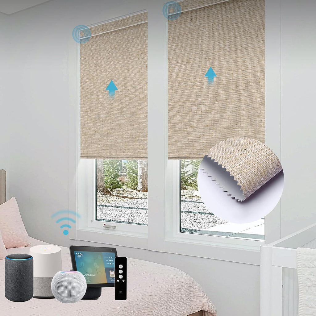 SmartWings Motorized Roller Shades Work with Homekit, Alexa Google, 100% Blackout Smart Blinds for Windows, Cordless Remote Control Window Shades, Linen Caramel, Customized Size