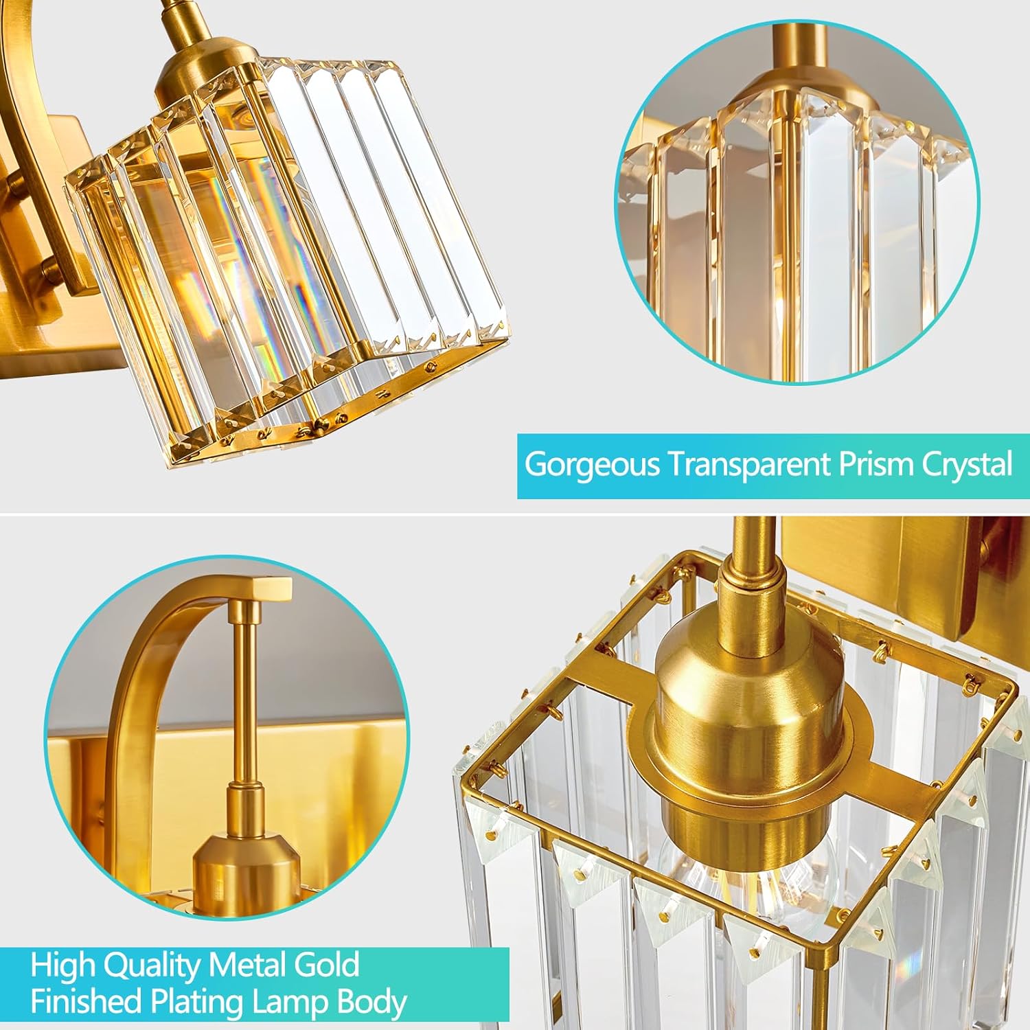 Crystal Vanity Lights 2-Light Gold Wall Lamp Modern Crystal Bathroom Light Fixtures Over Mirror 13.77" Long Bathroom Wall Sconce