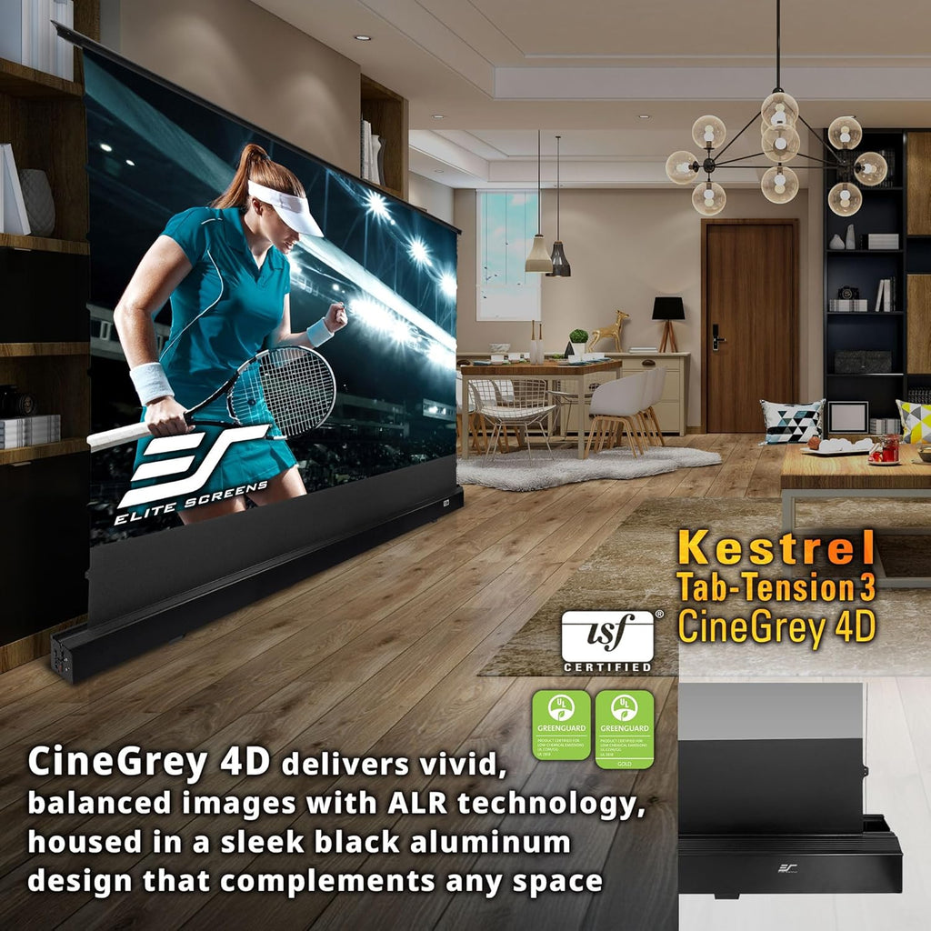 Elite Screens Kestrel Tab-Tension 3 CineGrey 4D, 122 inch 16:9, Standard Throw ISF Ceiling Ambient Light Rejecting (CLR/ALR) Electric Floor-Rising Projector Screen, Programmed Remote Kit, FTE122H3-C4D