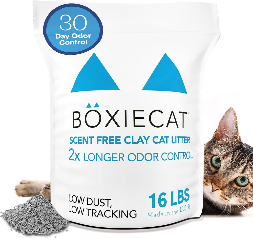 Boxie Unscented 30 Day Odor Control Clumping Clay Cat & Kitty Litter 16 lb, 99.9% Dust-Free, Hard Flat Top Clumps, No Fragrances No Fillers, Long-Lasting, Easy to Scoop