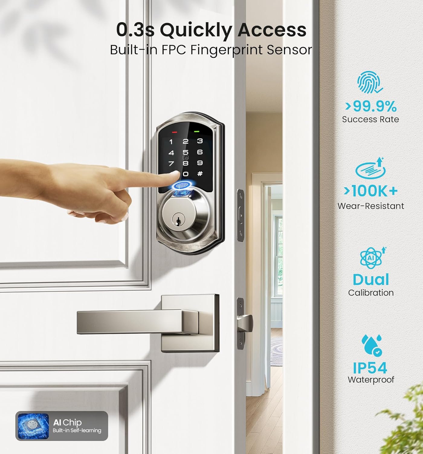 Veise VE07-L Fingerprint Smart Locks for Front Door with Zinc Alloy Handle Set, App Control, Keyless Entry, Electronic Digital Keypad Deadbolt, Auto Lock, Waterproof, Easy to Install, Satin Nickel