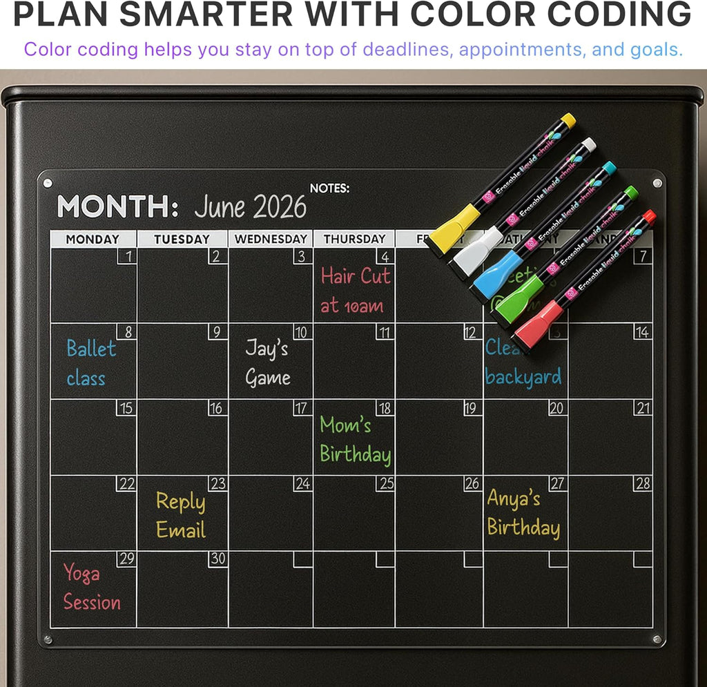 Fridge Calendar Acrylic 17x12”, Start Monday | Magnetic Calendar for Refrigerator | Acrylic Dry Erase Whiteboard Calendar for Fridge | Family Schedule Board with 5 Markers & Eraser by Freedom Mastery