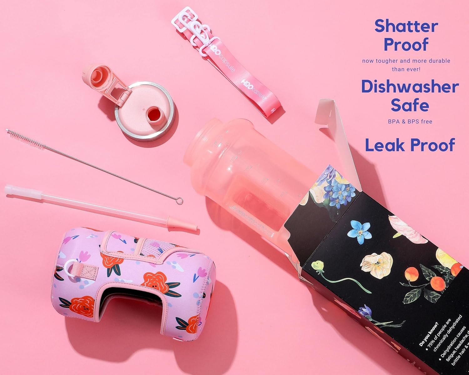 H2O Capsule 2.2L Half Gallon Wide Mouth Water Bottle with Storage Sleeve and Removable Straw - Hydration Tracker Jug with Measurements Marked – Shatterproof BPA-Free, (Poppy Love)