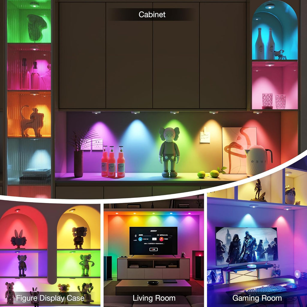 RGB Puck Lights with Remote Control, 2000mAh Battery Operated Tap Lights Rechargeable, 9 Colors & 2 Dynamic Changing Under Cabinet Lighting, Magnetic Stick on Light for Closet(White, 5 Pack)