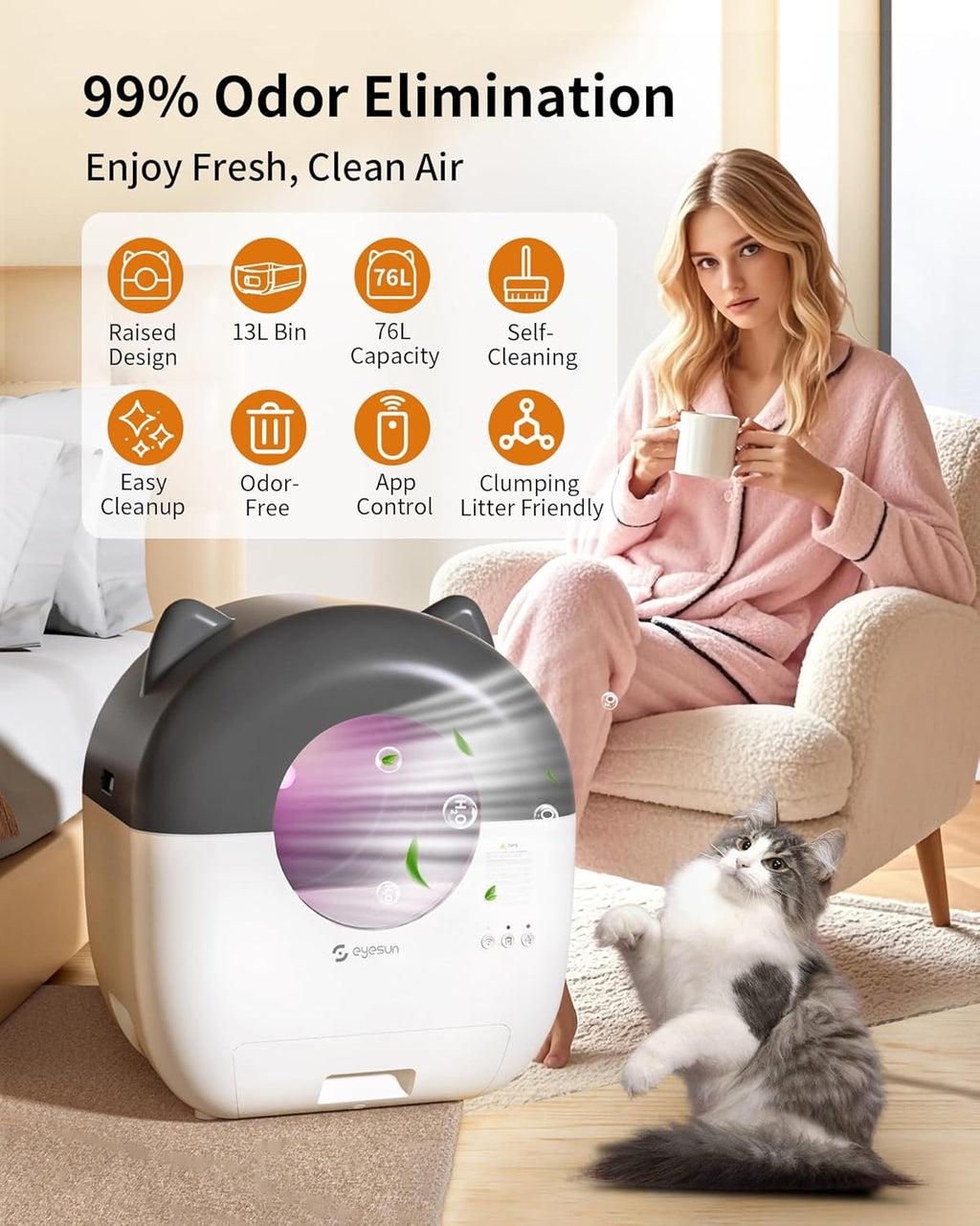 Self Cleaning Litter Box,76L Automatic Cat Litter Box Self Cleaning with APP Control,Low Noise,Safety Protection,Roll Garbage Bags,Deodorizer and Cleaning Brush for Multiple Cats,Xmas