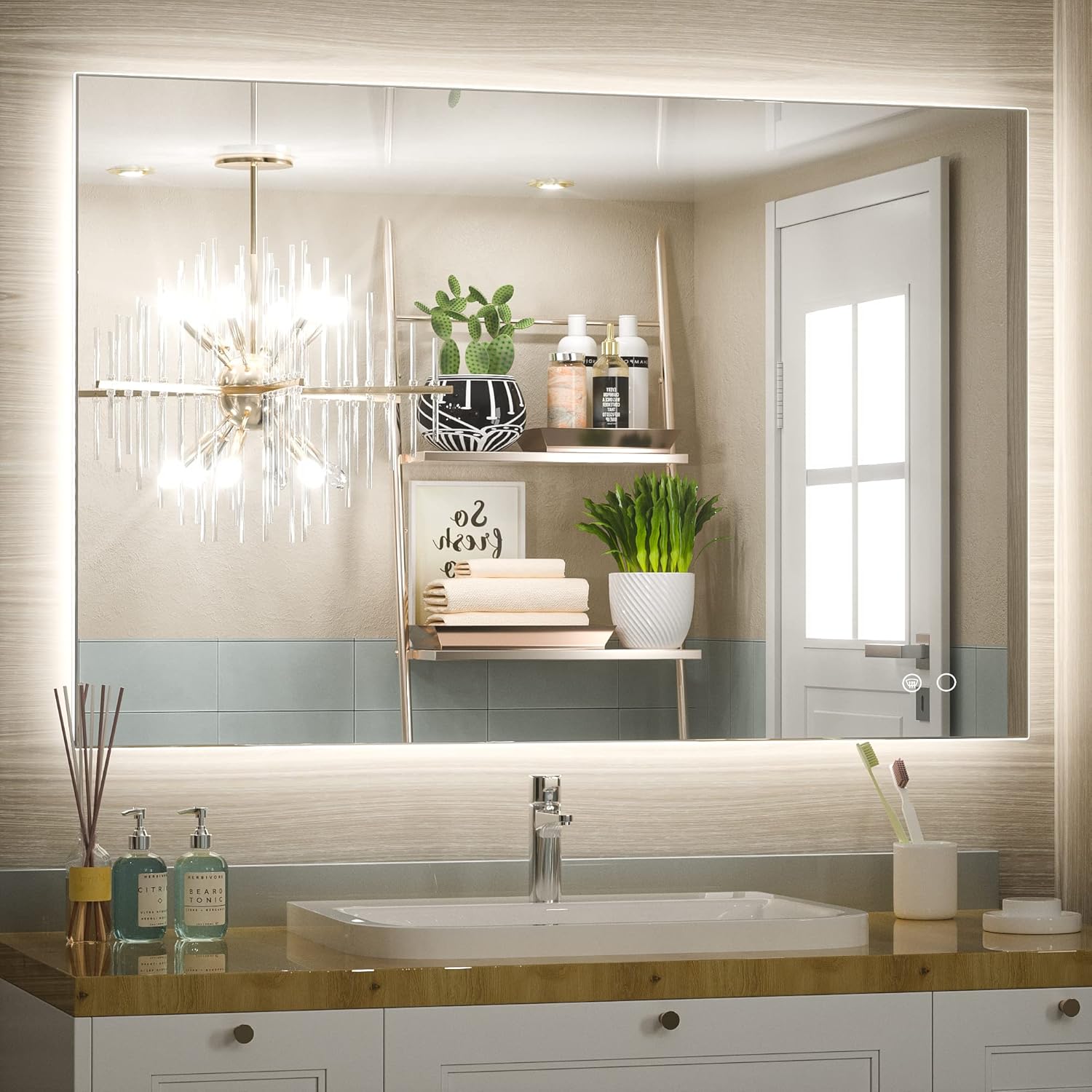 Keonjinn Bathroom Mirror with Lights 40 x 28 Inch, LED Mirror with Backlit, Anti Fog Lighted Mirror with Stepless Dimmable, UL Listed LED Driver, Waterproof, CRI90+, HD Tempered Glass
