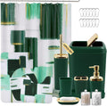 Bathroom Set - Dark Green and Gold Bathroom Accessories Set, Bathroom Sets with Shower Curtain and Rugs, Green Shower Curtain Set with Bathroom Trash Can, Soap Dispenser, Soap Dish for Home