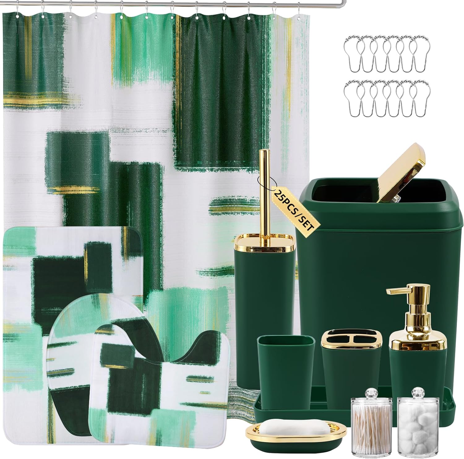 Bathroom Set - Dark Green and Gold Bathroom Accessories Set, Bathroom Sets with Shower Curtain and Rugs, Green Shower Curtain Set with Bathroom Trash Can, Soap Dispenser, Soap Dish for Home