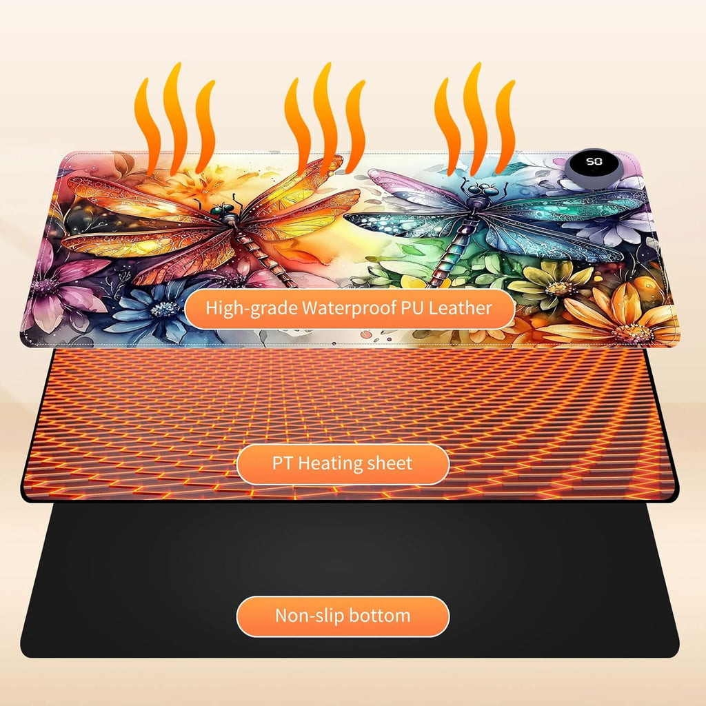 Small Heated Desk Pad 23.6" x 14.2" – Compact Electric Mouse Pad with 3 Heating Levels, Auto Shut-Off, Waterproof PU Surface, Plug-in Warmer for Office or Home Use, Colorful Dragonflies