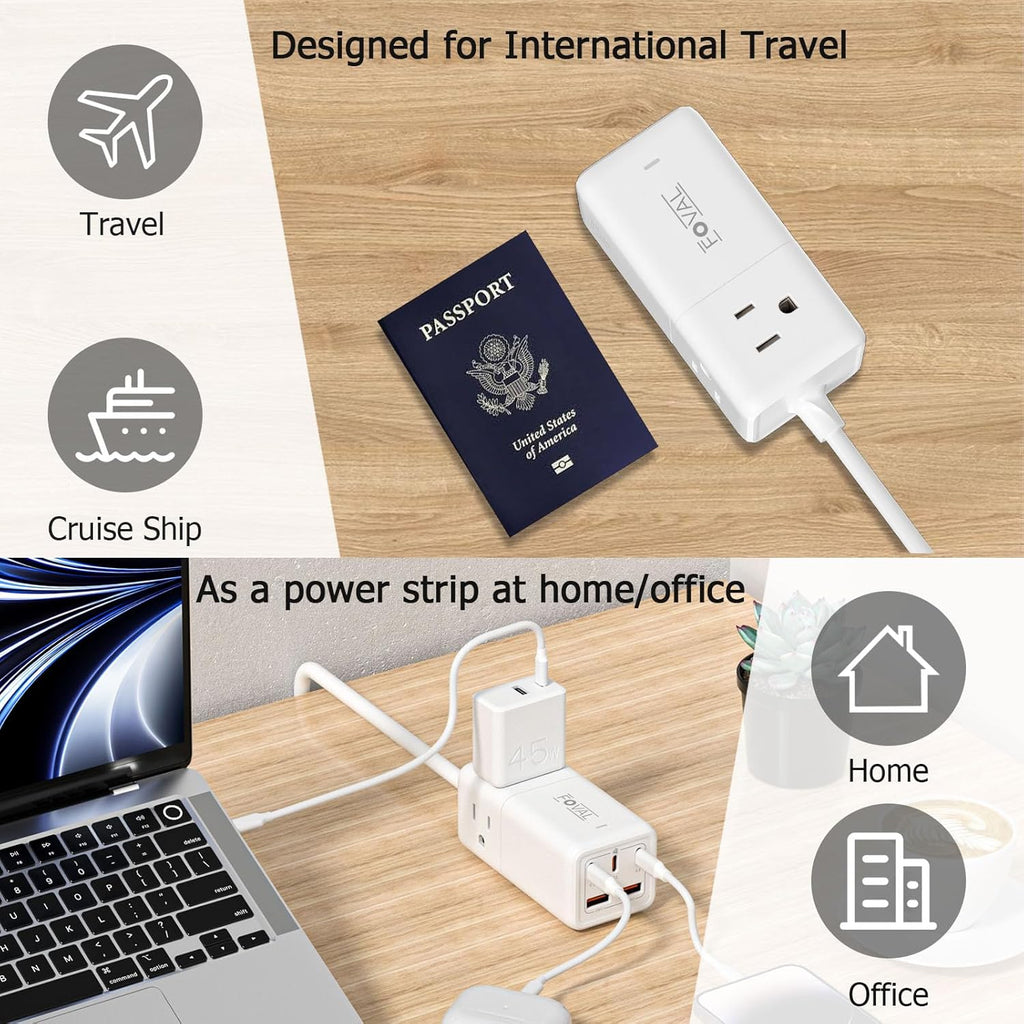 European Travel Plug Adapter, FOVAL US to UK Europe Power Strip 75W USB C Charger with 5 USB Ports, 3 AC Outlets, 5ft Extension Cord, for Spain, France, Ireland, Travel Home Cruise Ship