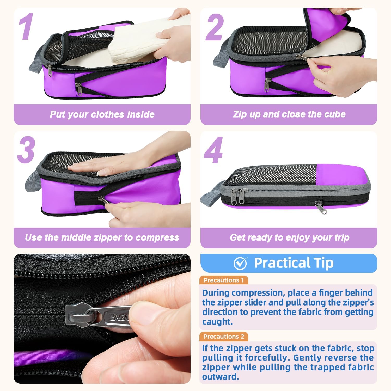 BAGAIL 4 Set/6 Set/8 Set Compression Packing Cubes Travel Accessories Expandable Packing Organizers(Purple HalfMesh 6 Set)