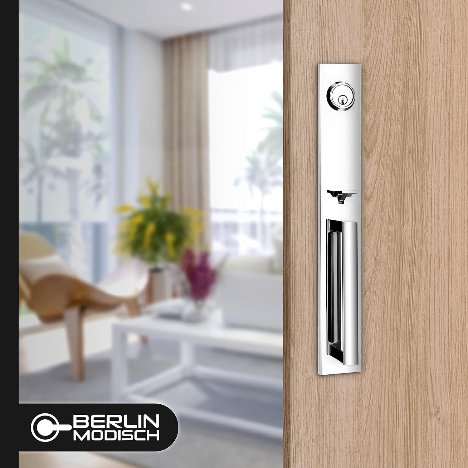 Berlin Modisch Full Escutcheon HandleSet Front Door Entry Handle and Deadbolt Lock Set Slim Square Single Cylinder Deadbolt and Lever Heavy Duty – Polished Chrome Finish