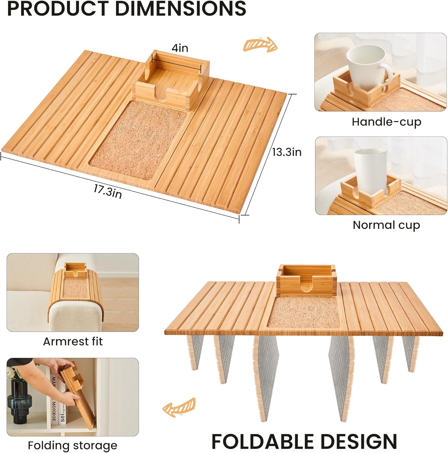 Bamboo Couch Cup Holder, Foldable Sofa Arm Tray, Anti-Slip Couch Aremrest Tray Table for Drink, Cup, Remote, Snacks, Cellphone, Portable, Bamboo/Cork Color